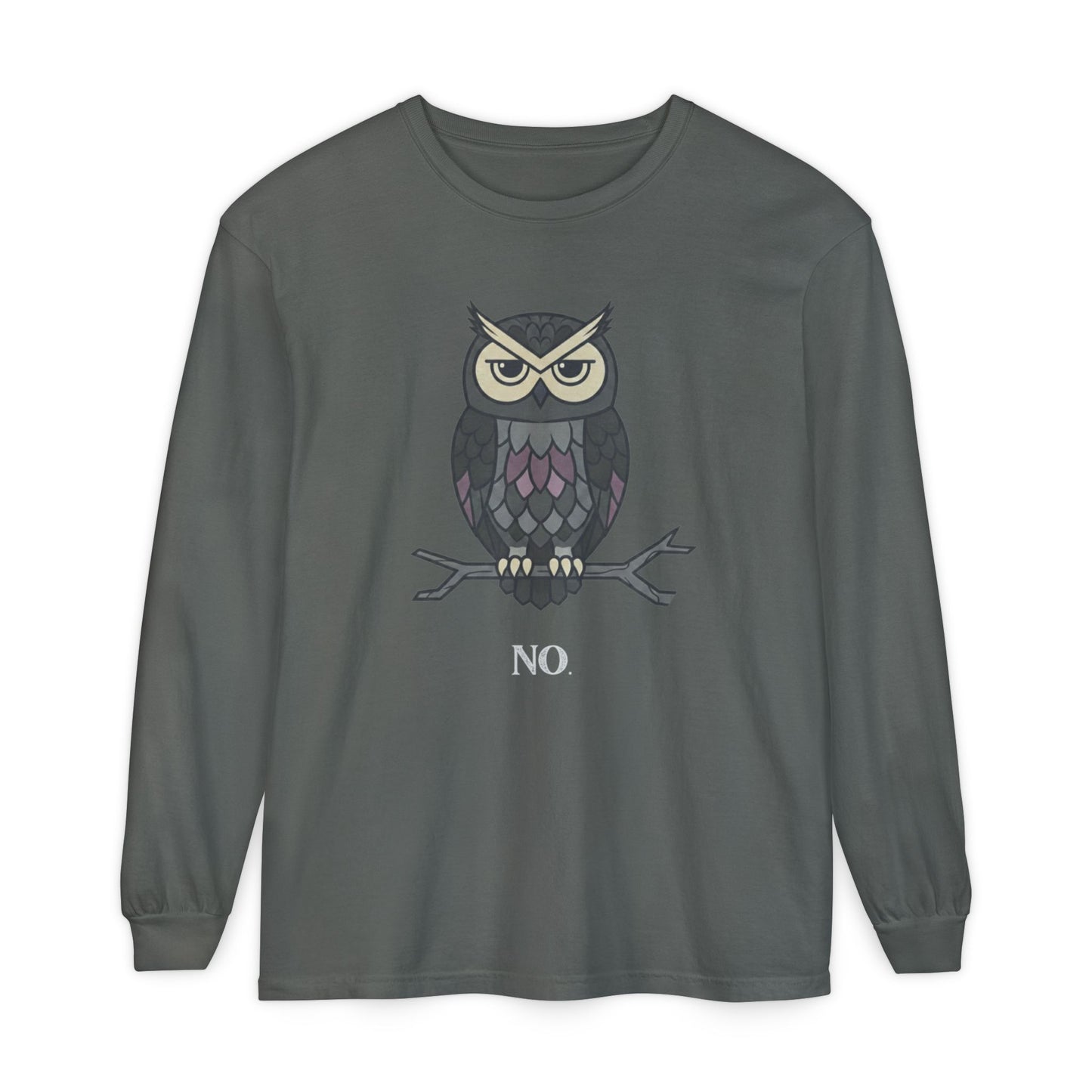 Grumpy Owl Illustration Long Sleeve | No Text, Night Bird Graphic Tee