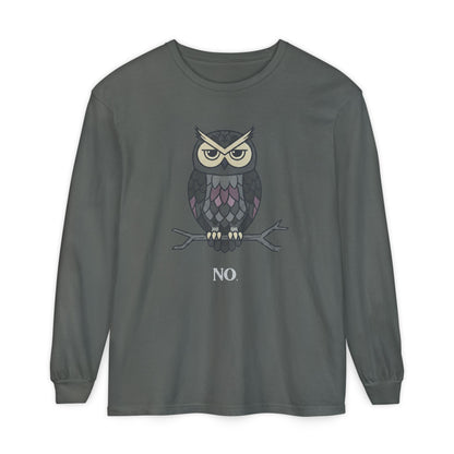 Grumpy Owl Illustration Long Sleeve | No Text, Night Bird Graphic Tee