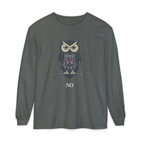 Grumpy Owl Illustration Long Sleeve | No Text, Night Bird Graphic Tee