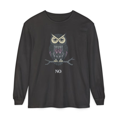 Grumpy Owl Illustration Long Sleeve | No Text, Night Bird Graphic Tee
