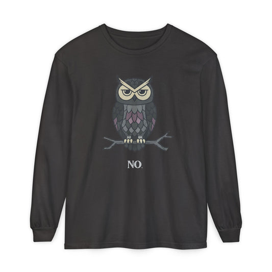 Grumpy Owl Illustration Long Sleeve | No Text, Night Bird Graphic Tee