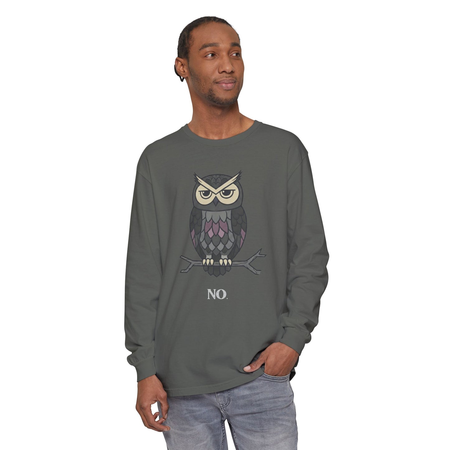 Grumpy Owl Illustration Long Sleeve | No Text, Night Bird Graphic Tee