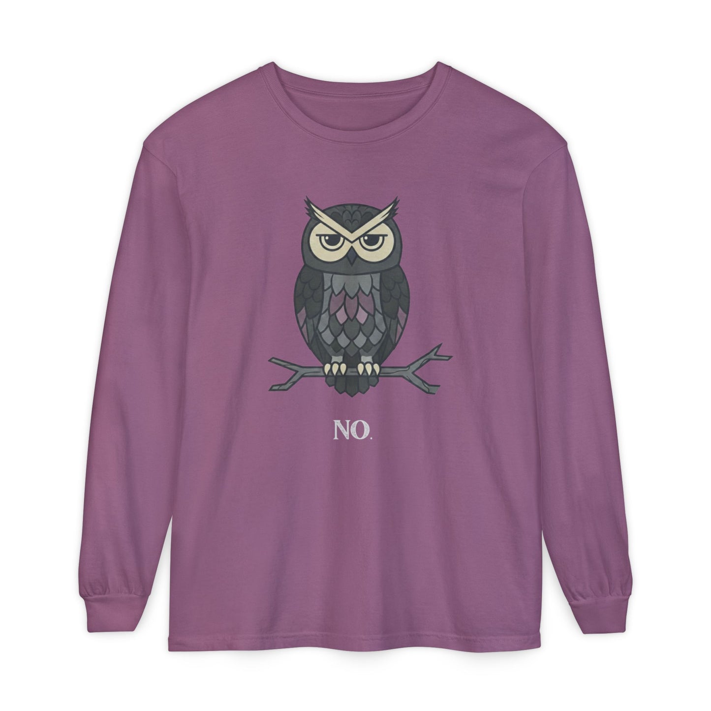 Grumpy Owl Illustration Long Sleeve | No Text, Night Bird Graphic Tee