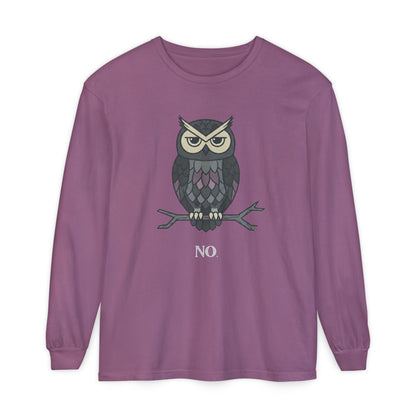 Grumpy Owl Illustration Long Sleeve | No Text, Night Bird Graphic Tee