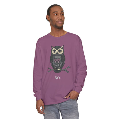 Grumpy Owl Illustration Long Sleeve | No Text, Night Bird Graphic Tee