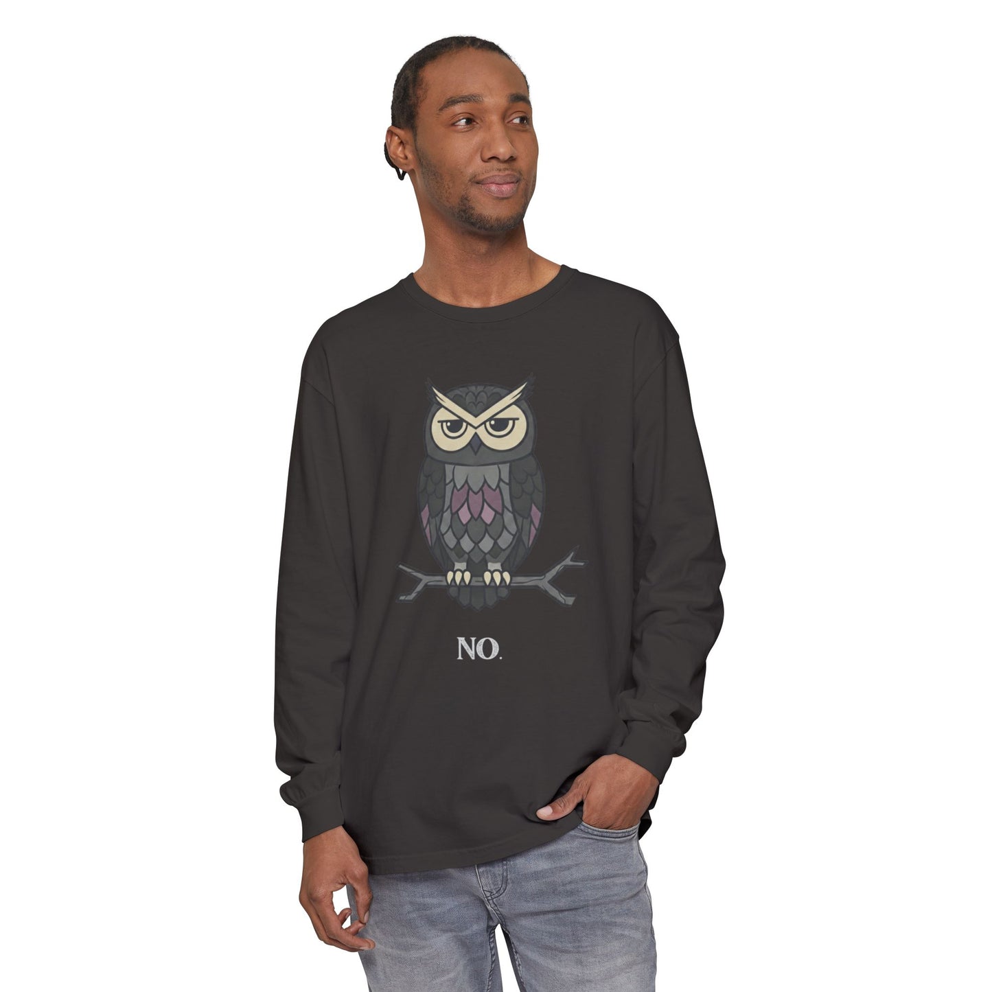Grumpy Owl Illustration Long Sleeve | No Text, Night Bird Graphic Tee