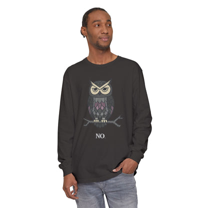 Grumpy Owl Illustration Long Sleeve | No Text, Night Bird Graphic Tee